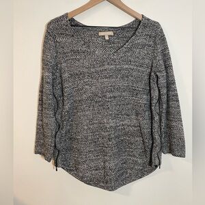 Banana Republic Black Marbled Knit V-Neck Sweater Side Zips Long Sleeve Large